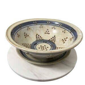 VTG Cottagecore Blue Beige Striped Stoneware Berry Colander 2 Pc Set Signed